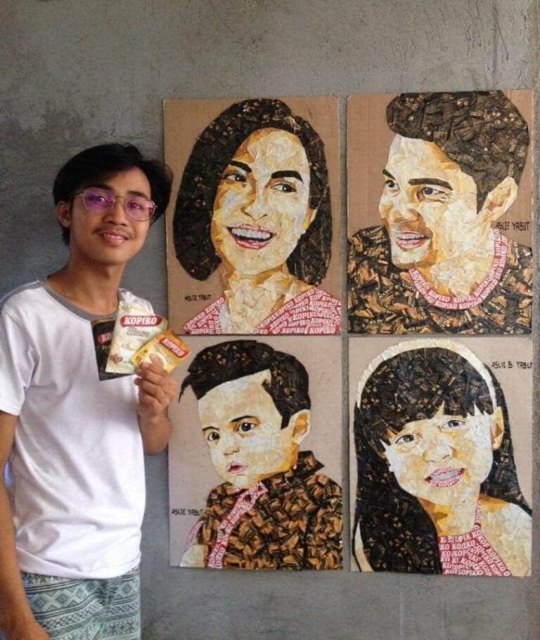 Mosaic artwork of Dingdong Dantes and Marian Rivera’s family made from instant coffee package